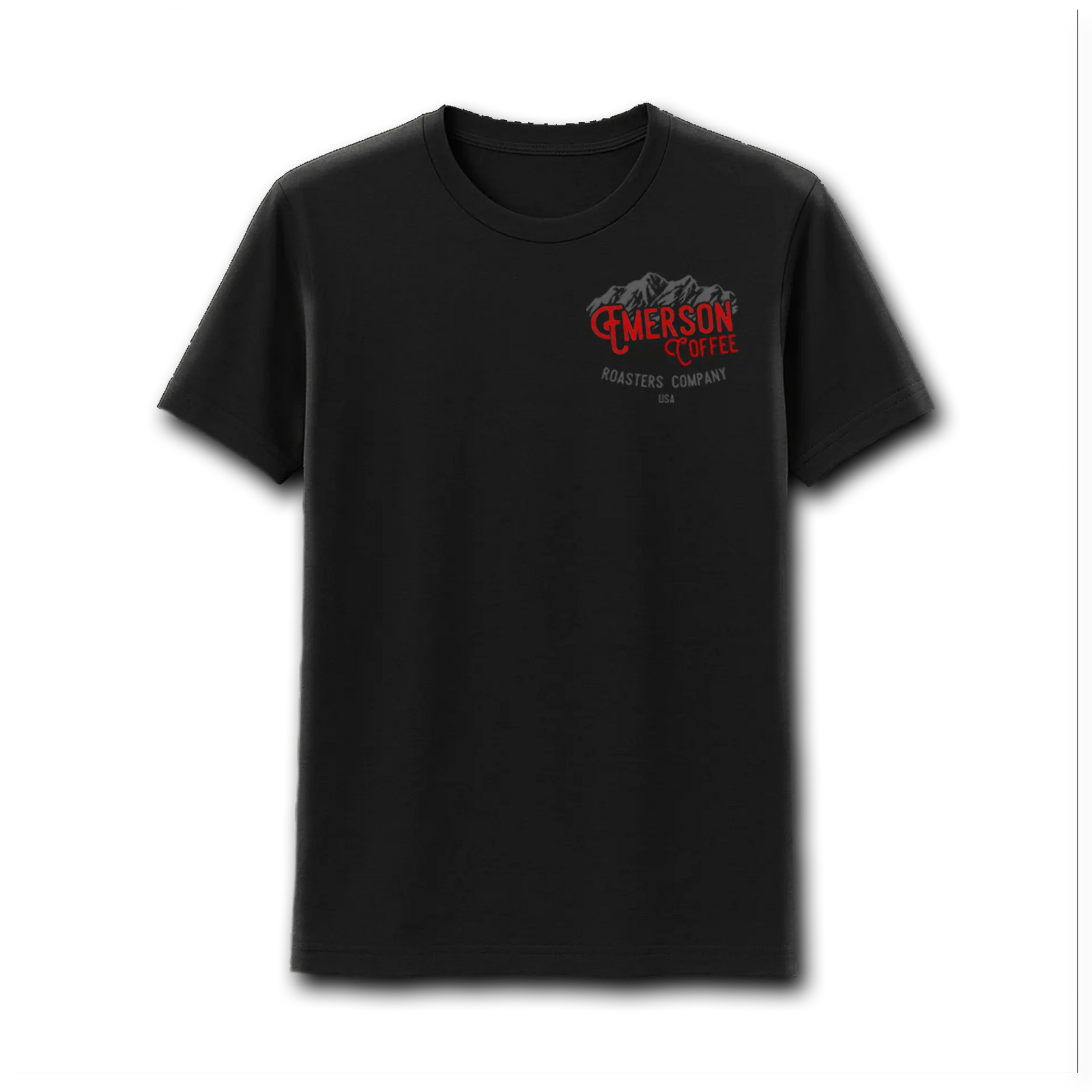 The Emerson Coffee Mountains T-Shirt by Emerson Knives, Inc. is a black tee featuring a mountain graphic and "Emerson Coffee Roasters Company USA" in red and white on the back.
