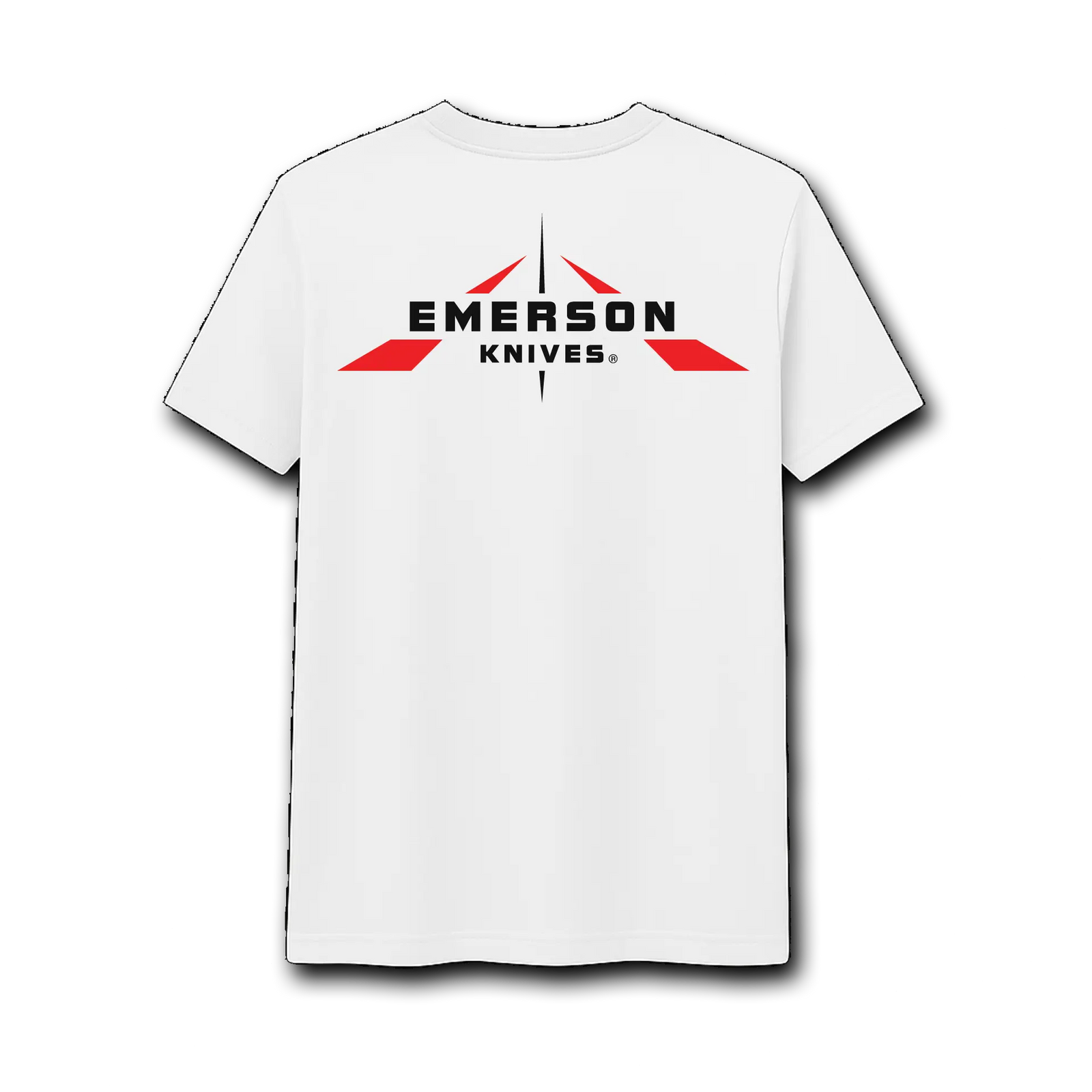 A tattooed man stands by the ocean at sunset, wearing a black Emerson Knives, Inc. Logo T-Shirt with a red and white logo on the back. Rocky cliffs and waves can be seen in the background.