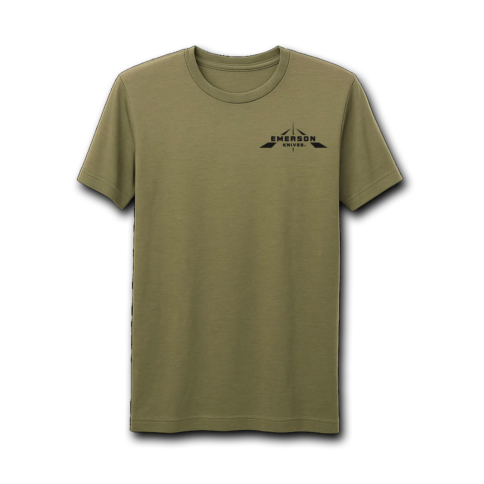 A soldier faces away from the camera wearing the Emerson Knives, Inc. Battered Flag T-Shirt, featuring a distressed American flag design. Other soldiers and a military helicopter appear in the dusty background.