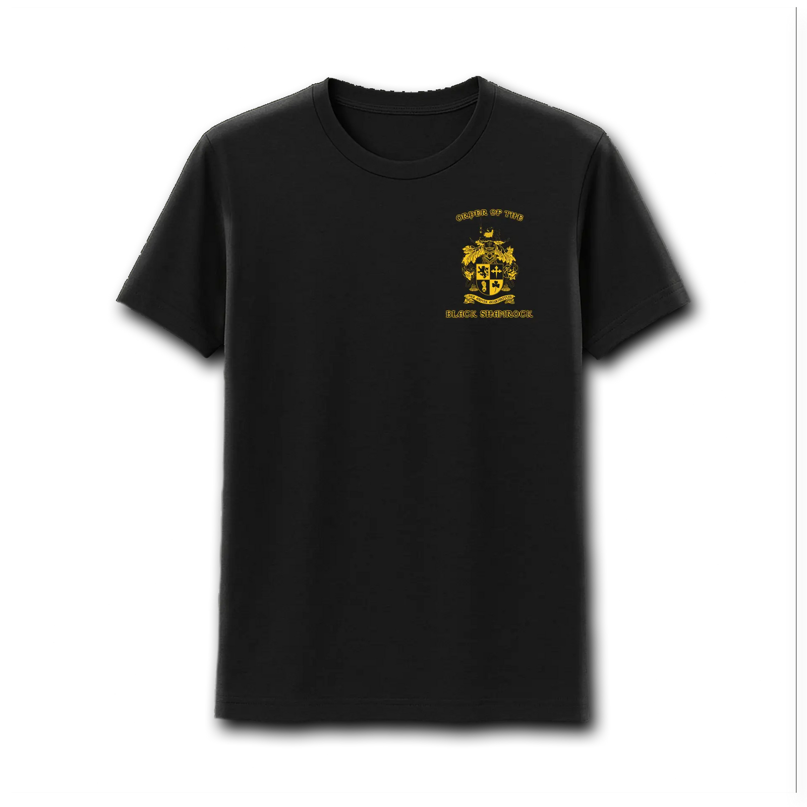 A man stands in a forest wearing the OBS T-Shirt by Emerson Knives, Inc., featuring a gold crest, “Order of the Black Shamrock” text, a Latin motto, and medieval-style symbols on the back.