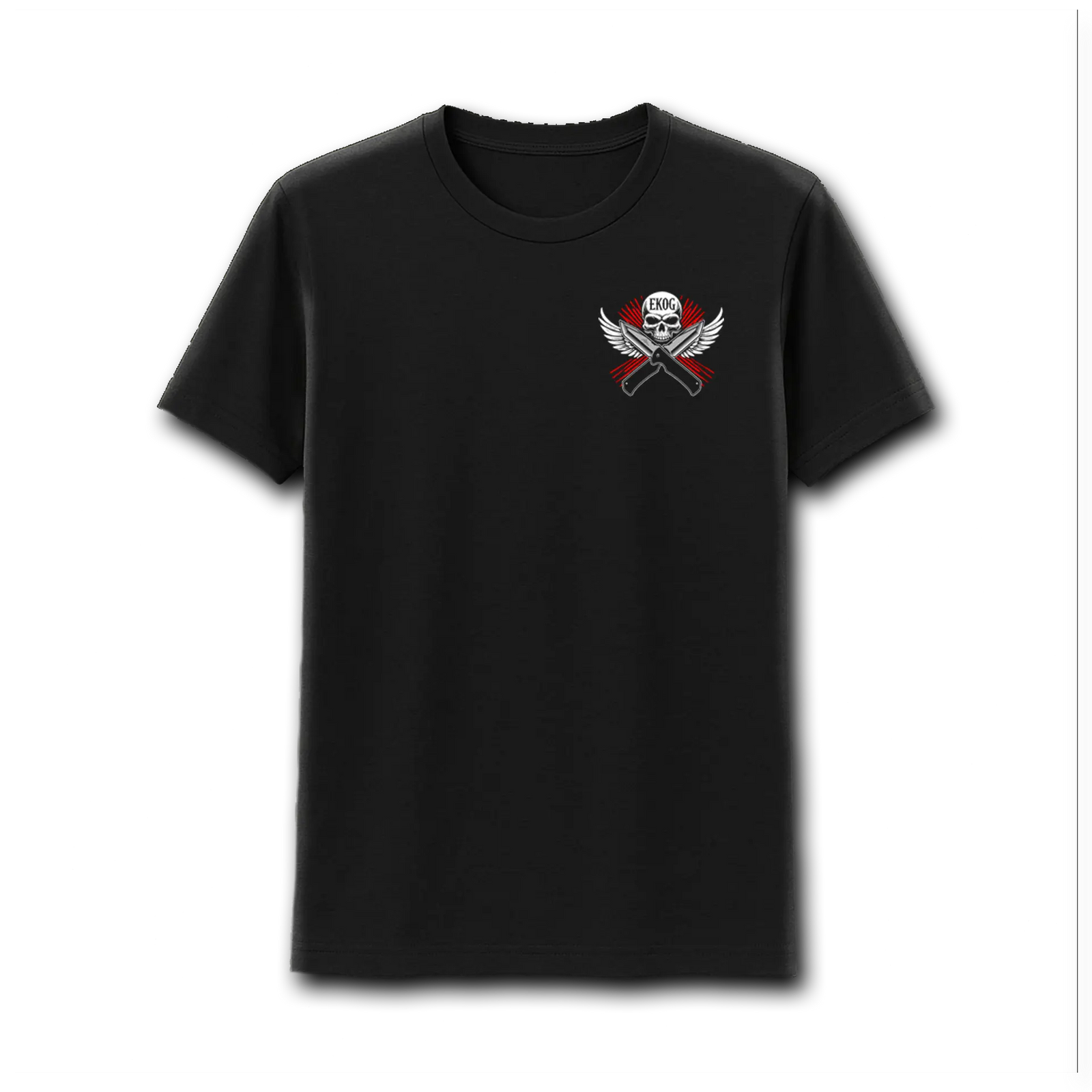 A tattooed man stands by a motorcycle, wearing the Emerson Knives, Inc. Soulbreaker T-Shirt with an exclusive back design featuring a skull, crossed knives, "Emerson Knife Owners Group," and "Est. 2013"—perfect for outlaws at heart.