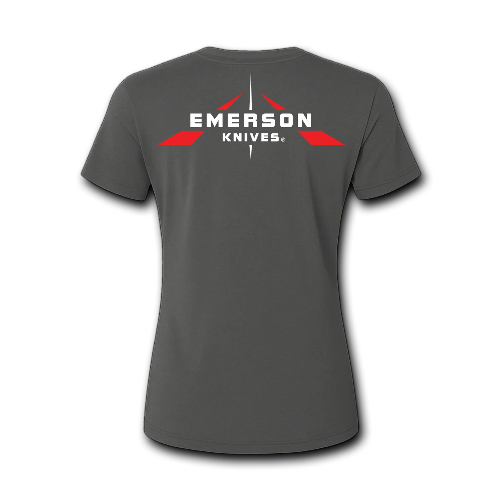 A woman stands outdoors in the desert, wearing the Emerson Knives, Inc. Women's Logo T-Shirt. The gray V-neck features the brand's logo on the upper left chest, with cacti and mountains in the background.