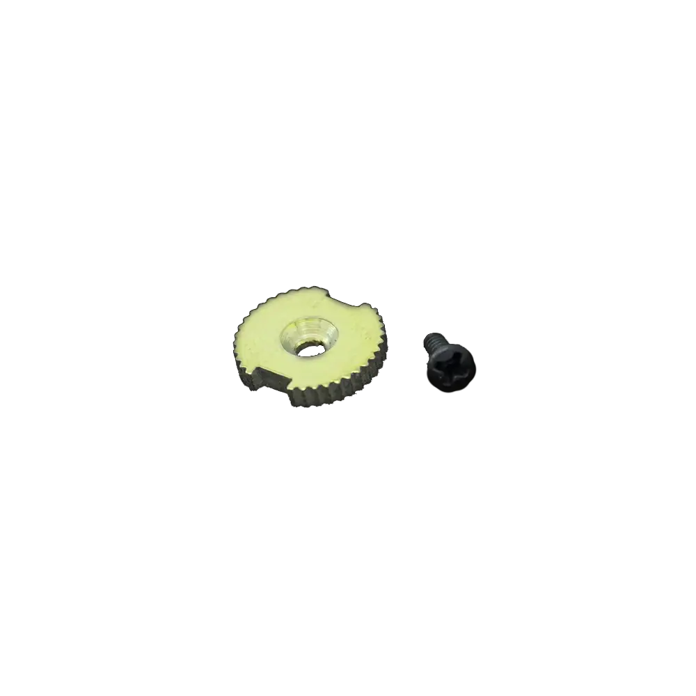 An Emerson Knives, Inc. Oversized Thumb Button with a white plastic center and a matching metal screw displayed side by side on a plain white background.