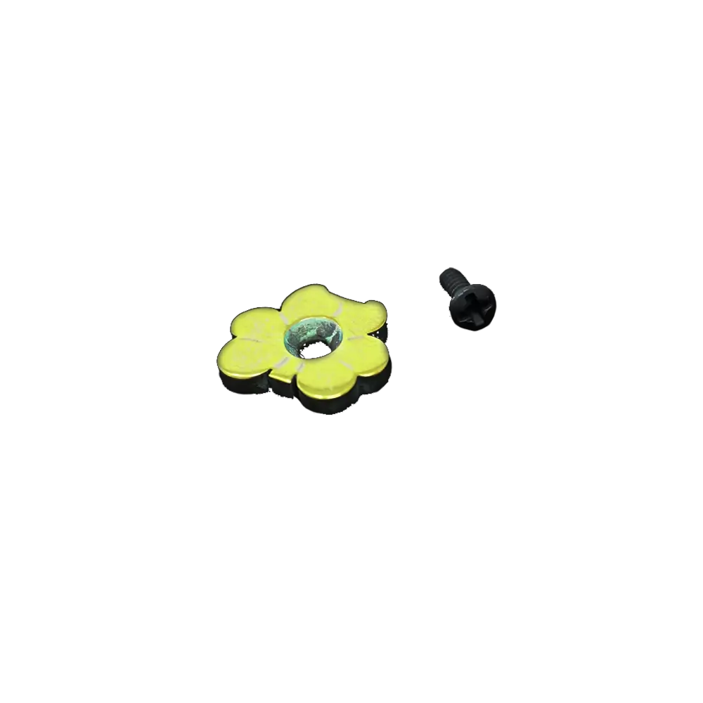 The Emerson Knives, Inc. Shamrock Thumb Button, a small black metal piece with a central hole, is displayed beside a small silver screw on a plain white background.