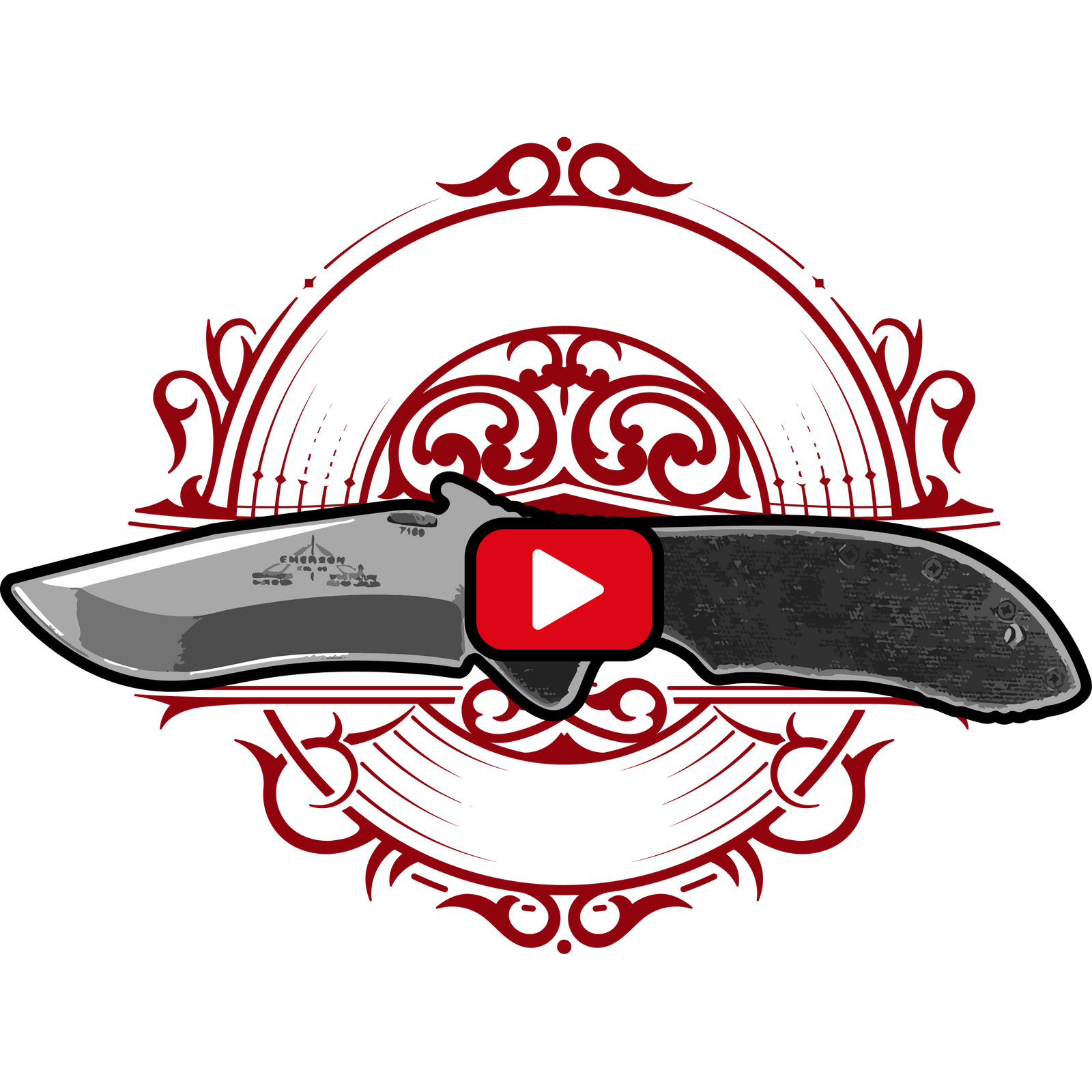 A folding knife with a dark handle and silver blade appears over a red ornate circle with a play button. Text reads: “The Complete Unconventional Edged Weapons 5-Class Course” by Emerson Knives, Inc.