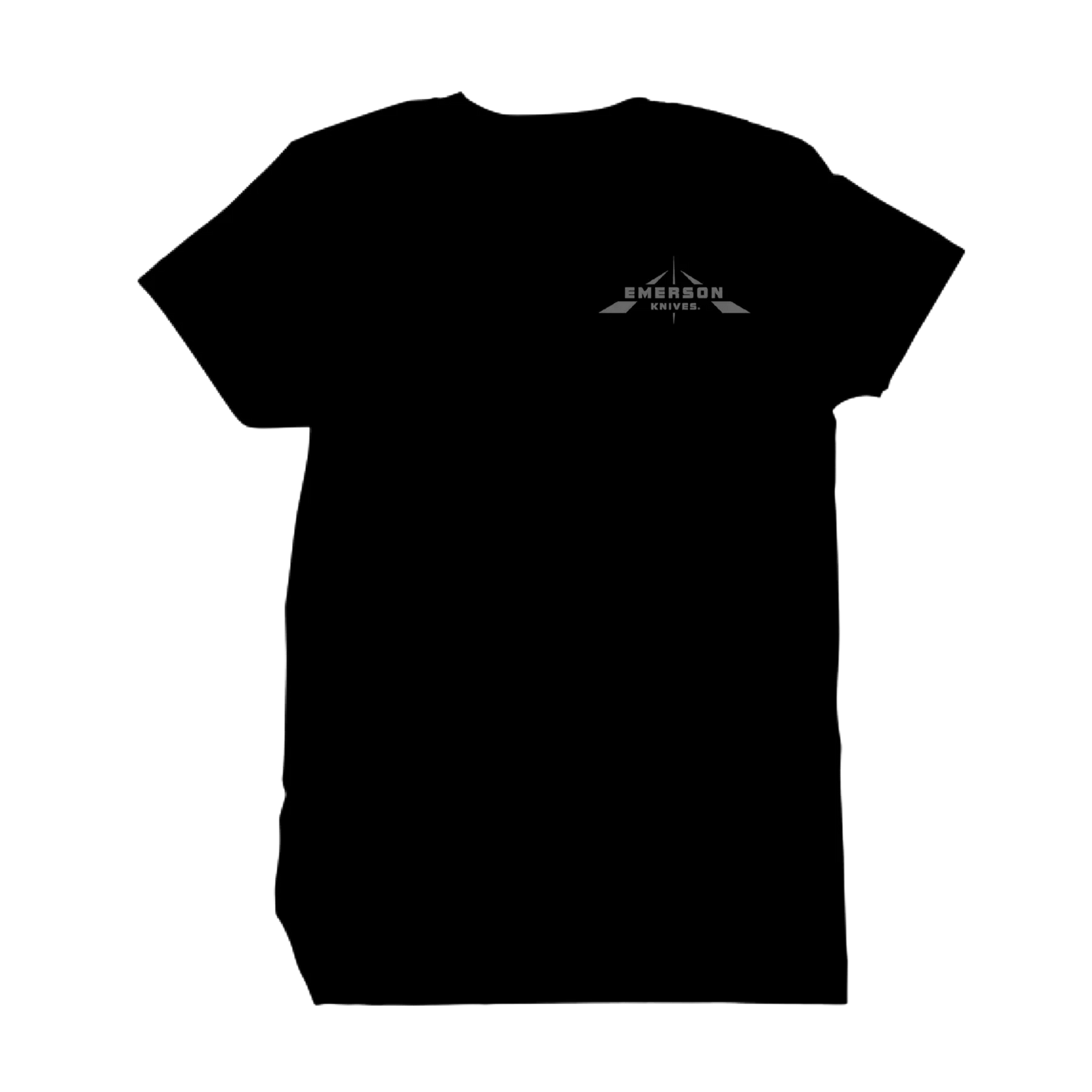 A man stands outdoors wearing the Emerson Knives, Inc. "America's Knife Company T-Shirt," featuring a U.S. flag and company branding on the back, with trees and hills in the background.