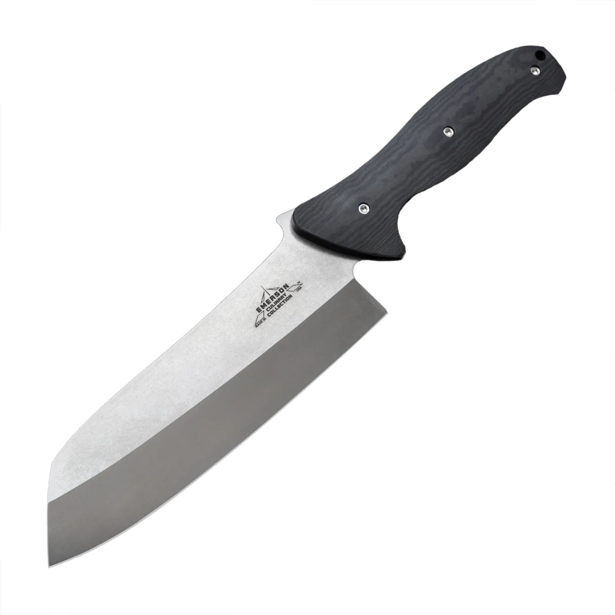 The Emerson Knives, Inc. Kitchen - Utilichopper is a large, modern utility knife with a wide stainless steel blade, black ergonomic handle with three rivets, and a visible brand logo on the blade, shown on a white background.