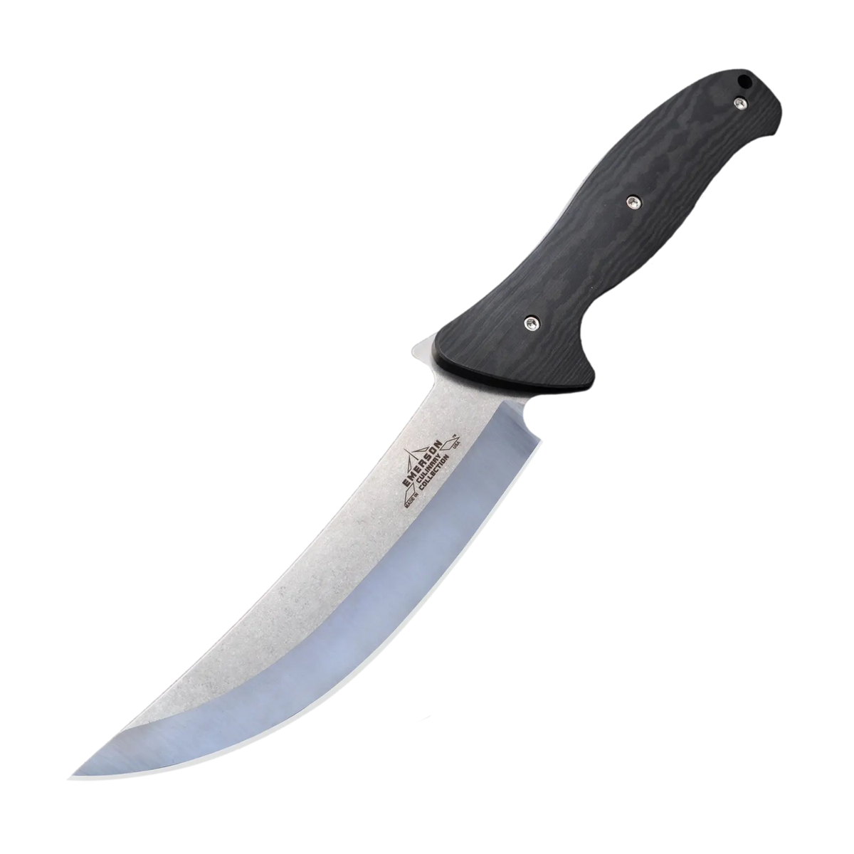 The Emerson Knives, Inc. Kitchen - Utility Carver features a black textured handle and a curved, polished steel blade—versatile and perfect for any adventure, shown against a white background.